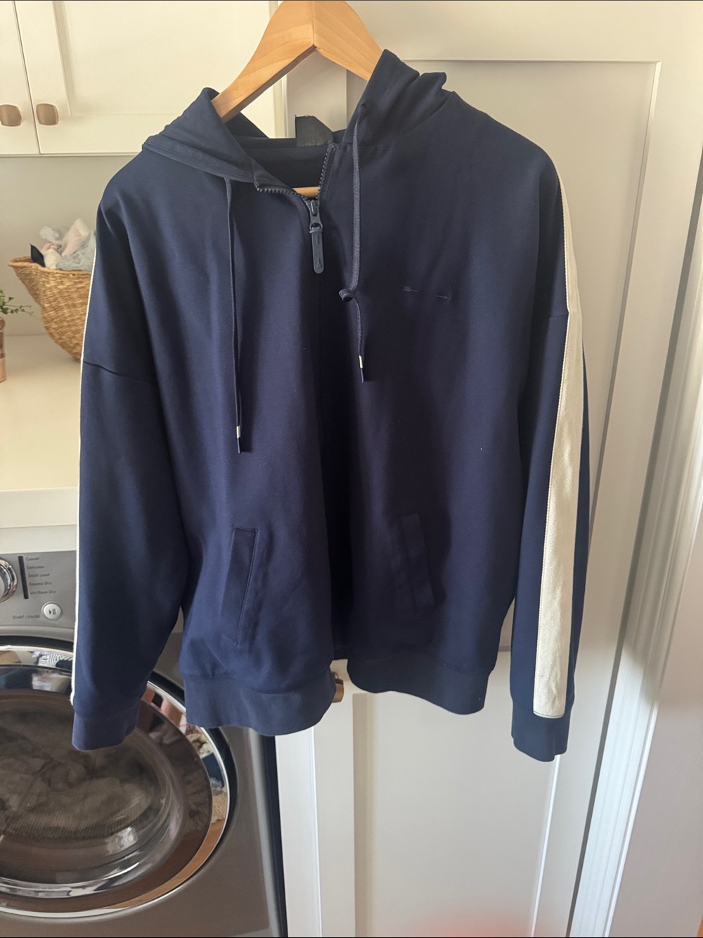 The Upside Navy Zip-Up Hoodie with White Sleeve Stripe